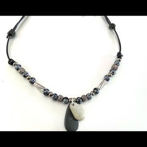 Snowflake Obsidian River Rock Leather adjustable necklace handmade